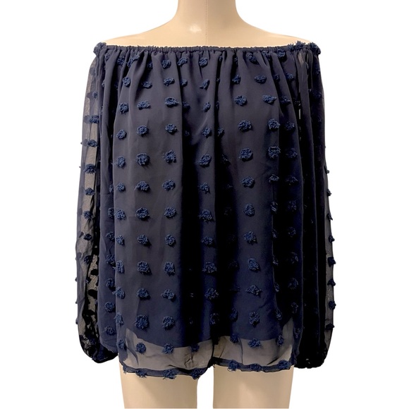 Navy dotted flowy off shoulder long sleeve blouse, size L, new - Picture 2 of 8